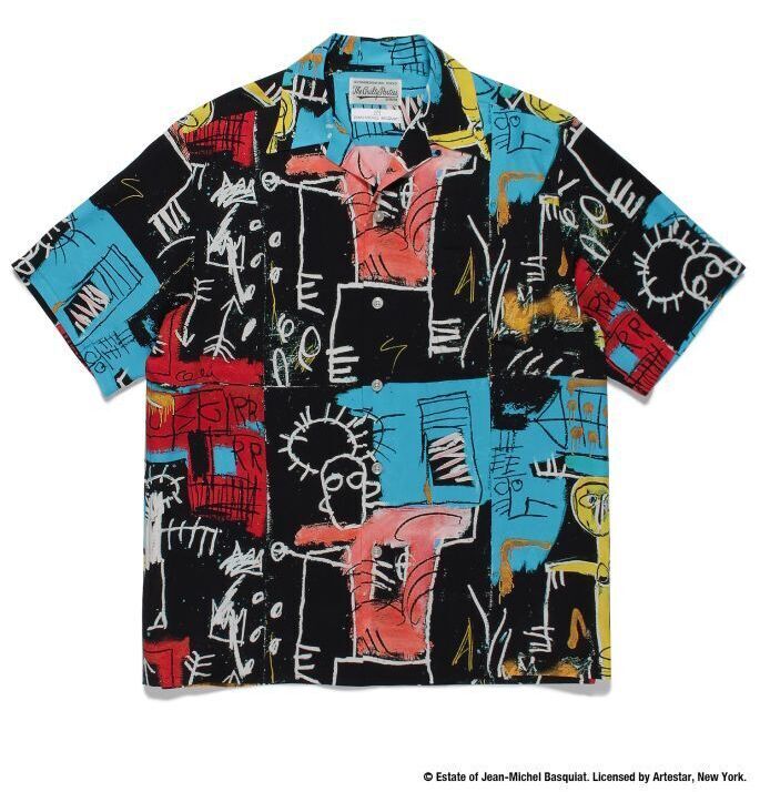 【美品】  WACKO MARIA / ワコマリア | 2021SS × Jean-Michel Basquiat / ジャン＝ミシェル・バスキア HAWAIIAN SHIRT (TYPE4) バスキア オープンカラー アロハ シャツ | S | オレンジ/ブラック | メンズTシャツ/カットソー(半袖/袖なし)